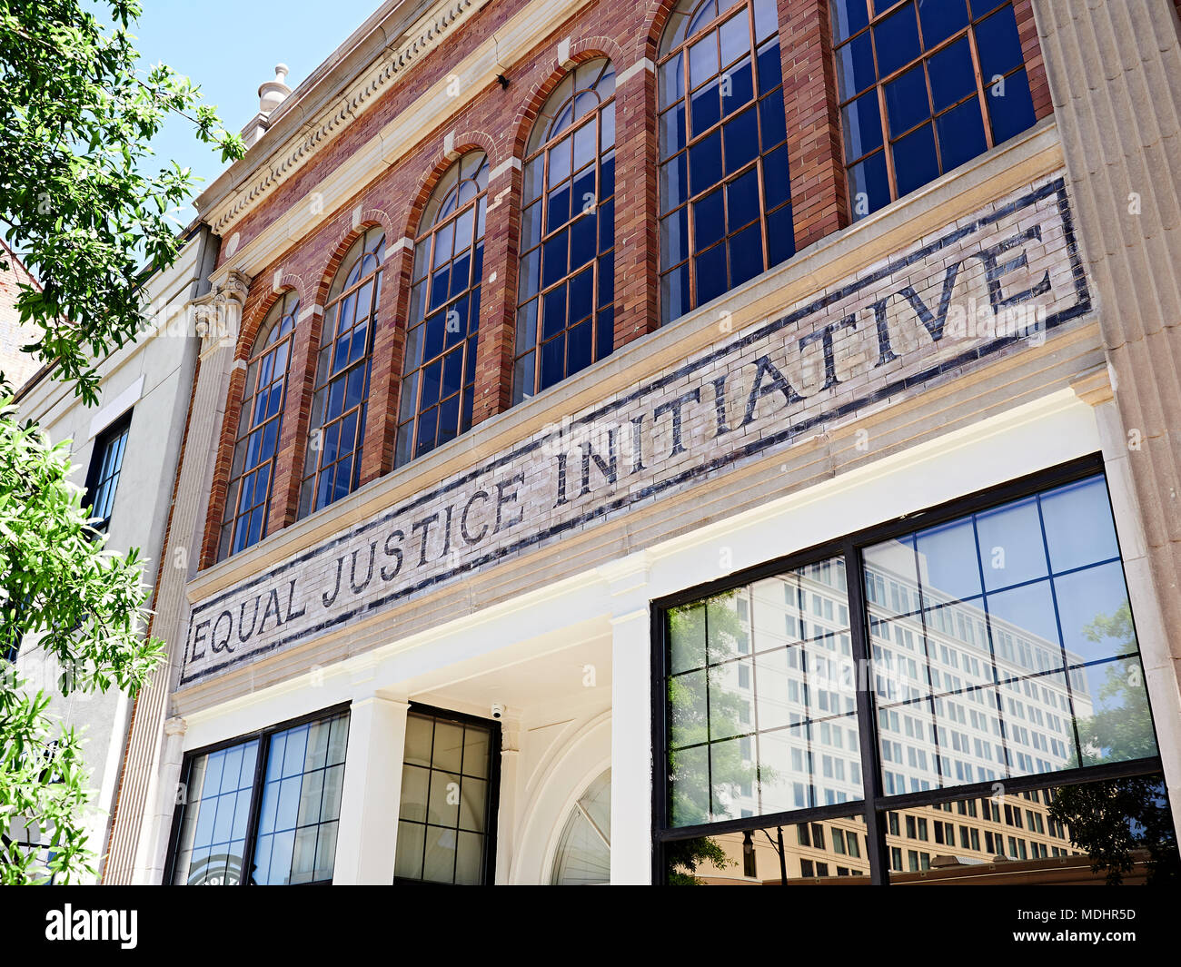 Equal Justice Initiative sign above the exterior entrance to the building and offices in Montgomery Alabama, USA. Stock Photo