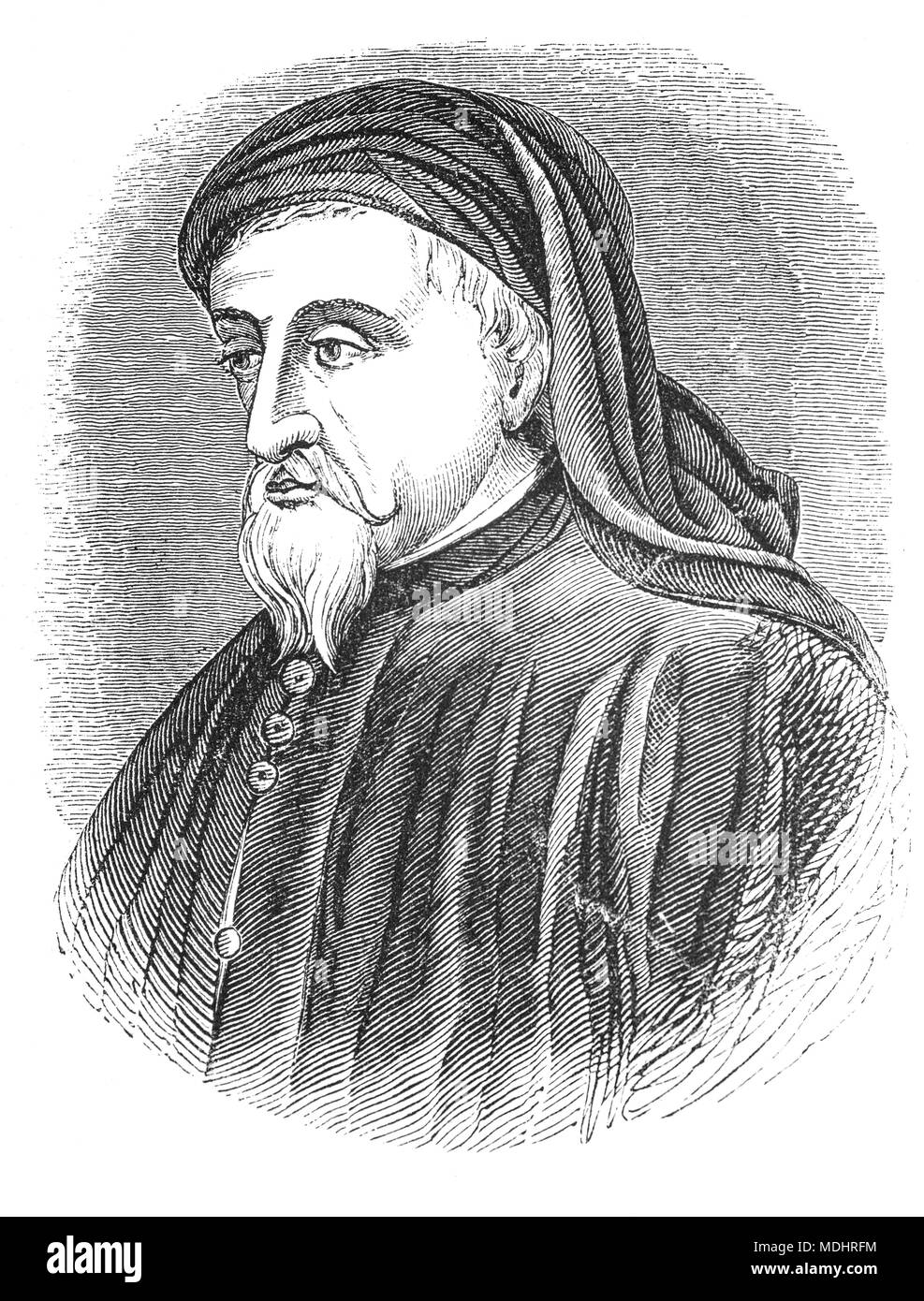 A portrait of Geoffrey Chaucer (1343 – 1400), known as the Father of English literature, is widely considered to be the greatest English poet of the Middle Ages. Among his many works are The Book of the Duchess, The House of Fame, The Legend of Good Women and Troilus and Criseyde, but he is best known for The Canterbury Tales. His work was crucial in legitimizing the literary use of the Middle English vernacular at a time when the dominant literary languages in England were French and Latin.  The first poet to be buried in Poets' Corner of Westminster Abbey, he also achieved fame as an author, Stock Photo