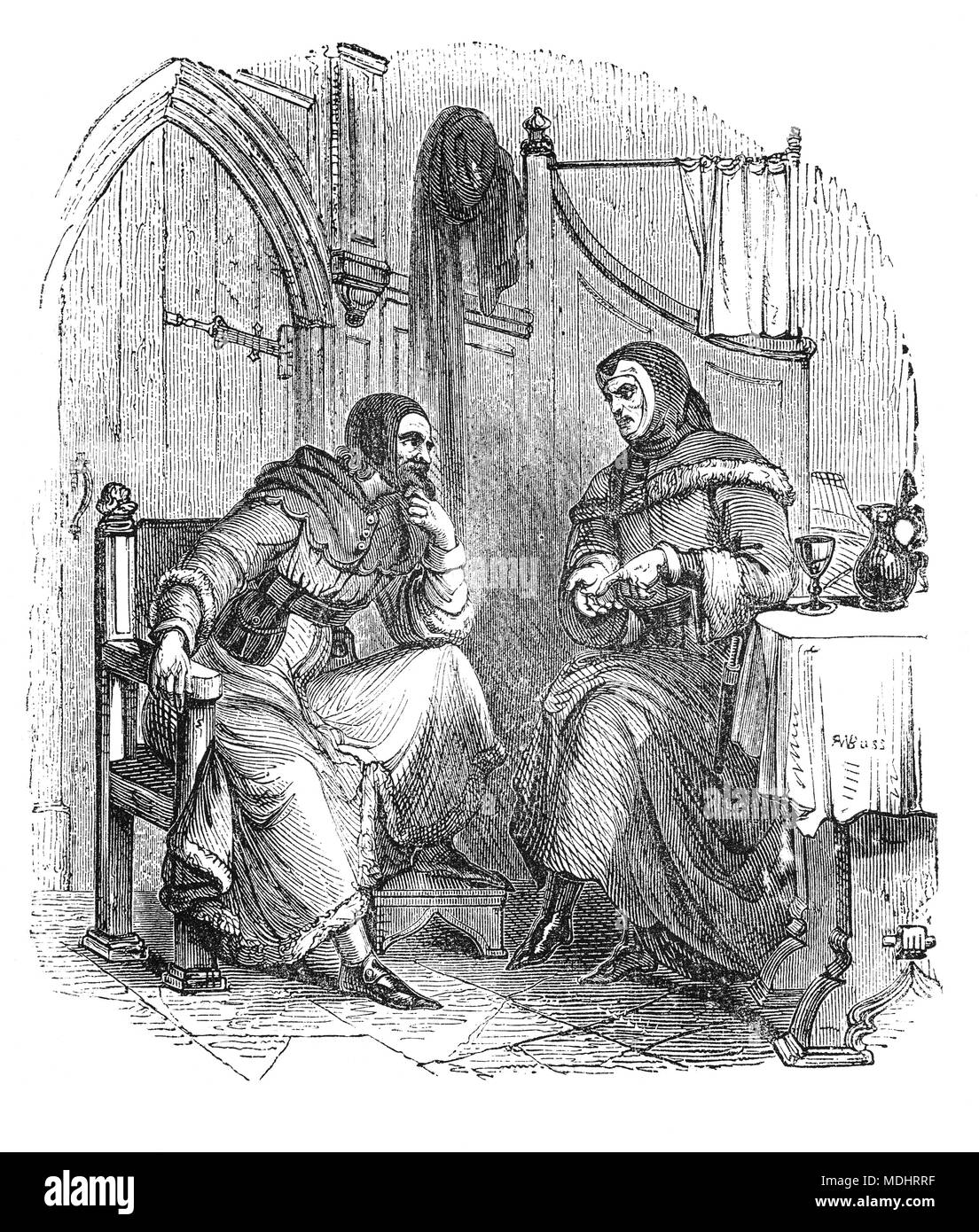 Two of the characters from The Canterbury Tales, a collection of 24 stories written  by Geoffrey Chaucer between 1387 and 1400 when he became Controller of Customs and Justice of Peace.  The tales (mostly written in verse, although some are in prose) are presented as part of a story-telling contest by a group of pilgrims as they travel together on a journey from London to Canterbury to visit the shrine of Saint Thomas Becket at Canterbury Cathedral. The illustration shows the Sargeant-at-Law and the Doctor of Medicine. Stock Photo