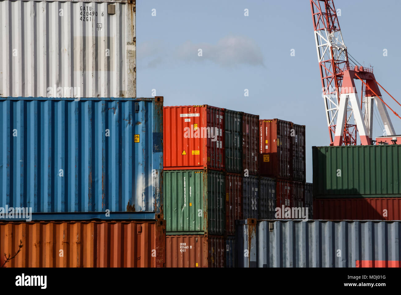 Shipping containers and crane in Halifax harbour; Halifax, Nova Scotia