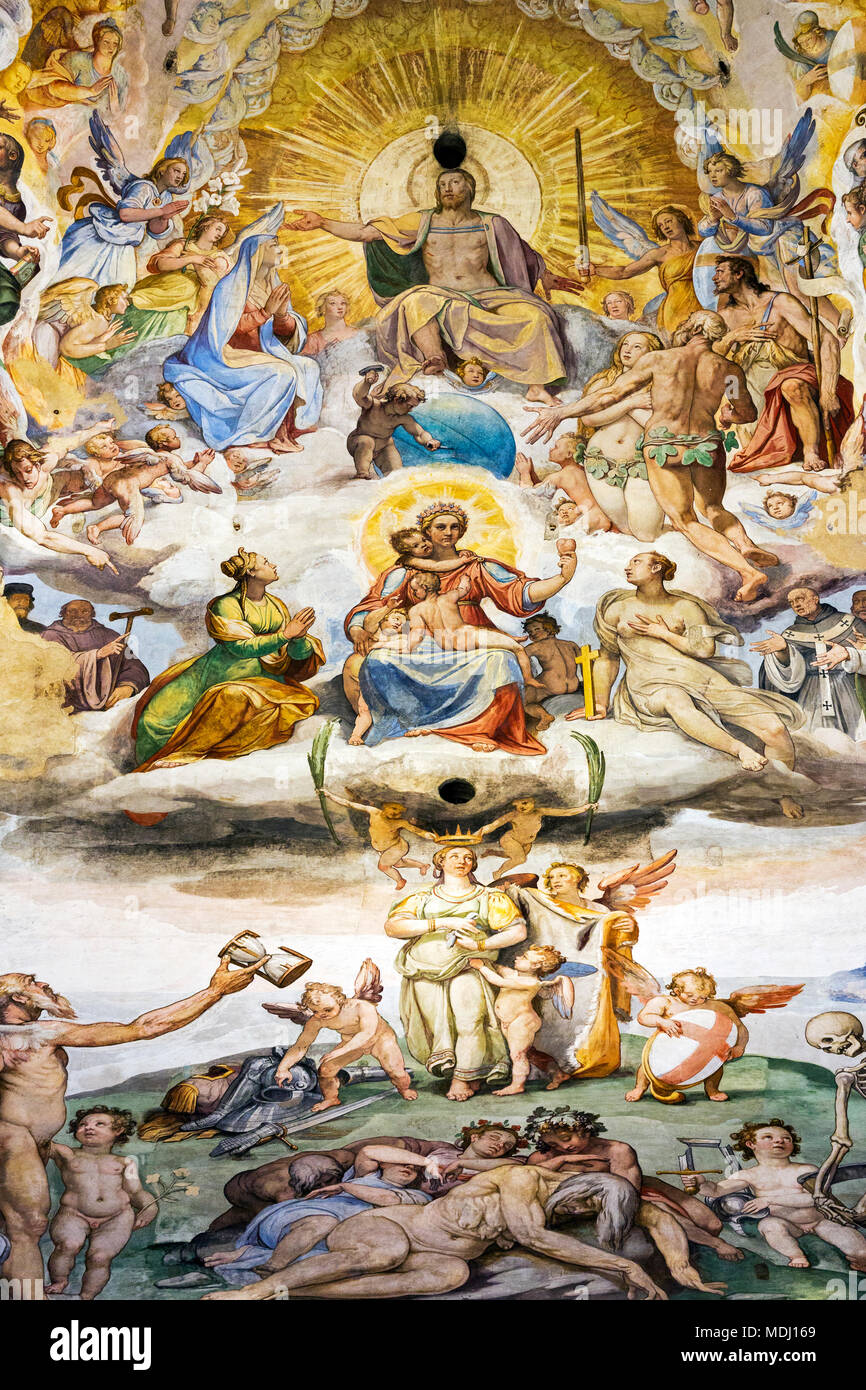 Large, colourful fresco called 'The Last Judgement' with Christ painted under the dome in the Florence Cathedral; Florence, Tuscany, Italy Stock Photo