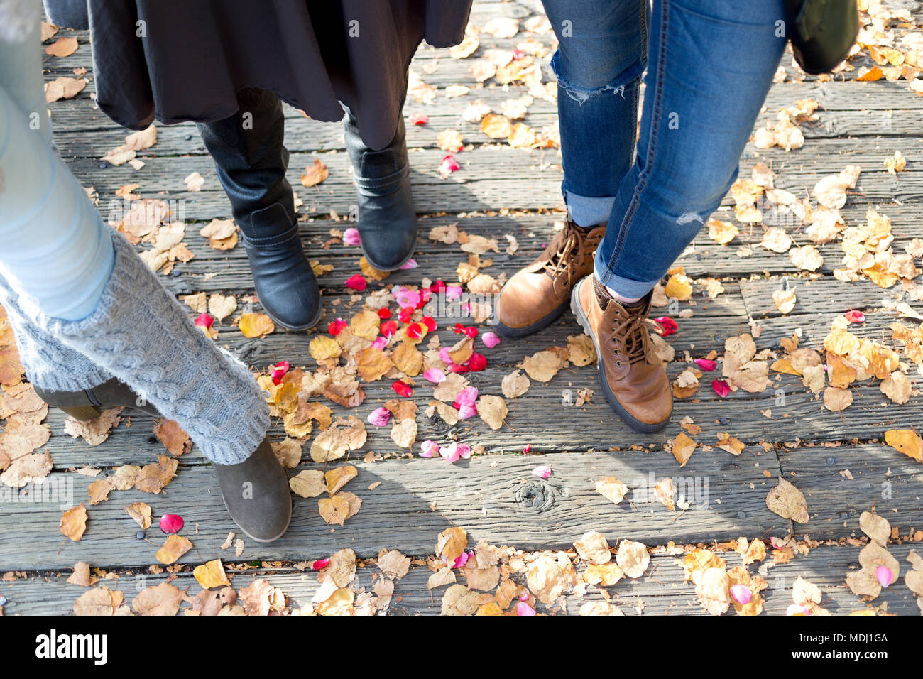 Footwear and legs of three women standing on a boardwalk in autumn; New Westminster, British Columbia, Canada Stock Photo