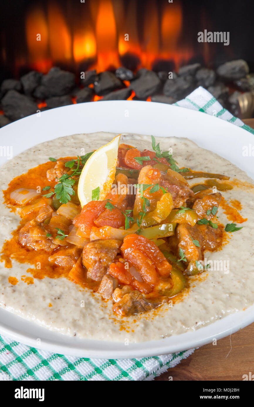 A traditional Turkish dish of Hunkar begendi tarifi, rich Lamb stew with Aubergine puree Stock Photo