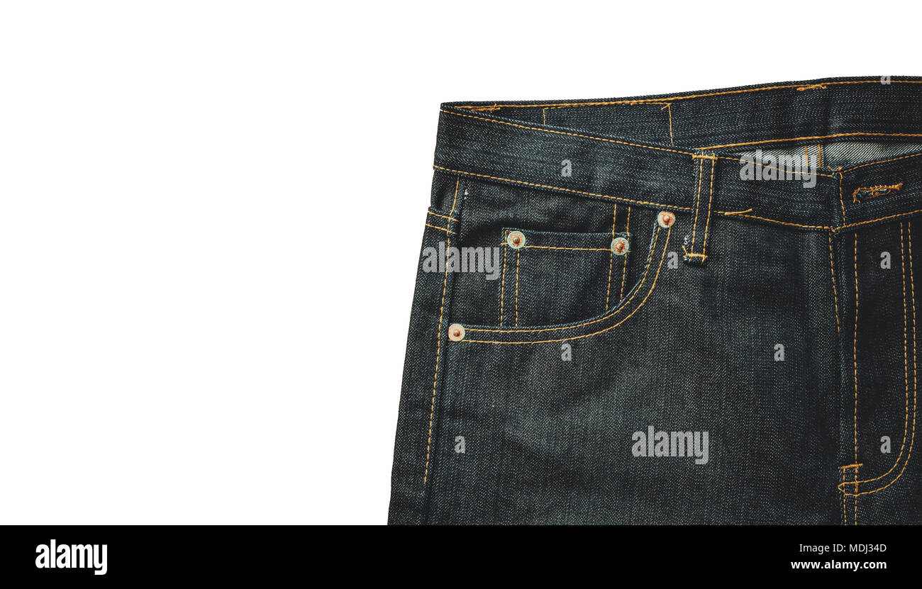 Close up top view of denim trousers jeans isolated on white background ...