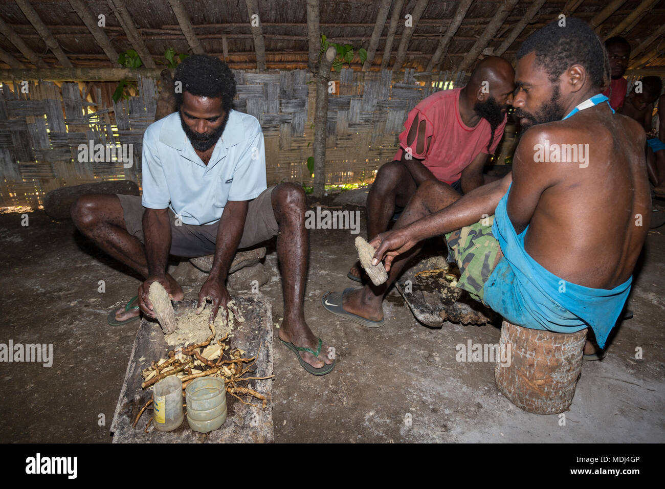 Pentecost, Republic of Vanuatu, July 21, 2014: Indigenous men participate in traditional Kava Ceremony. The consumption of the drink is a form of welc Stock Photo