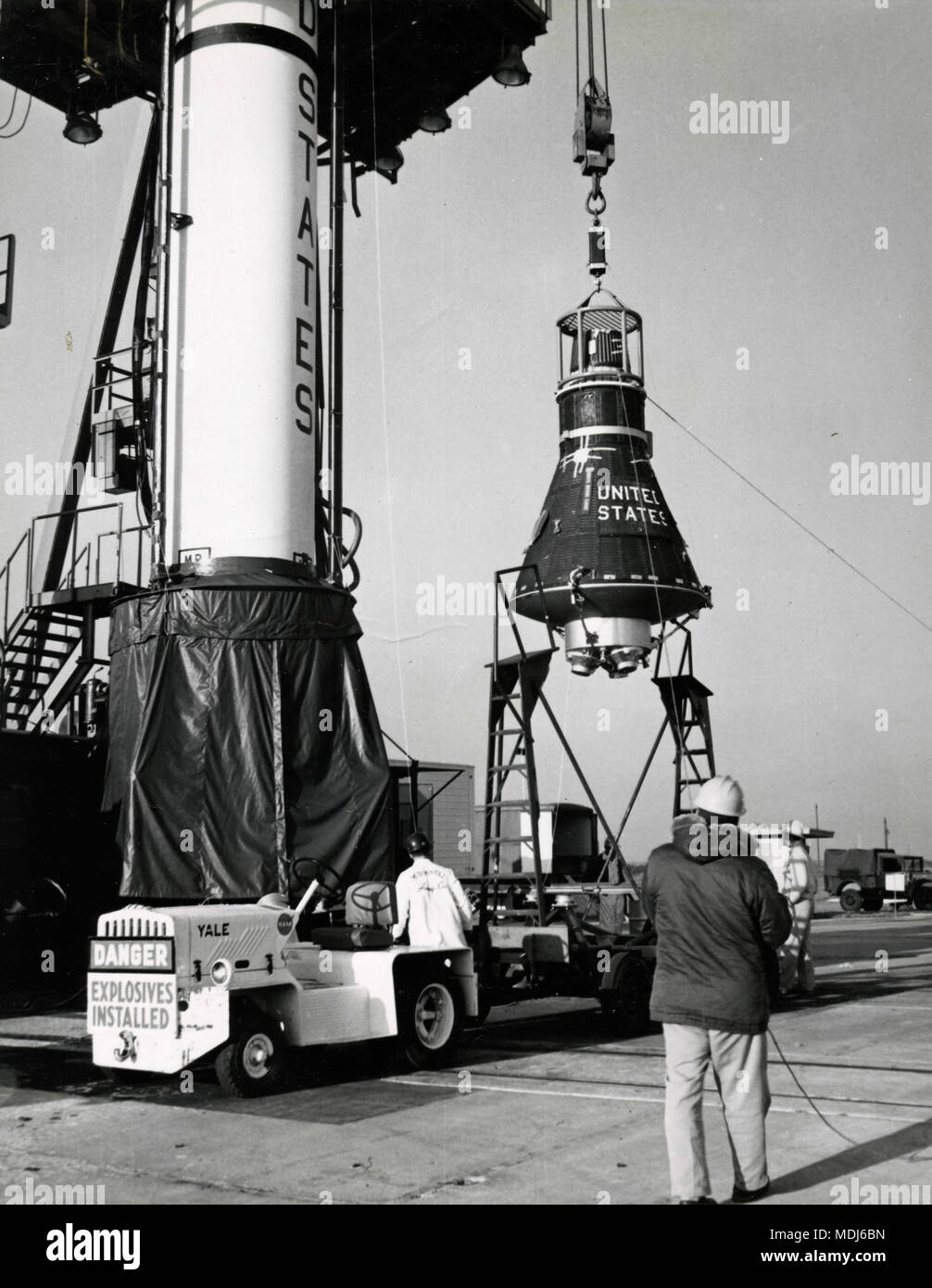 Installation of space capsule Mercury with Mr. Ham chimpanzee on board on top of Redstone missile, Cape Canaveral, USA 1961 Stock Photo