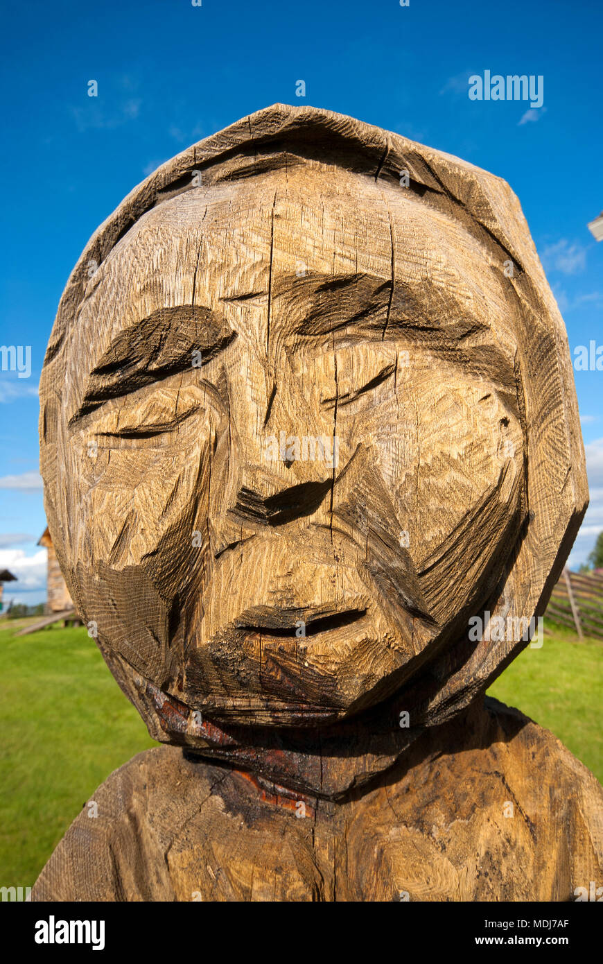 Wooden sculpture in Homestead Open-Air Museum, Jukkasjarvi, Norrbotten County, Sweden Stock Photo