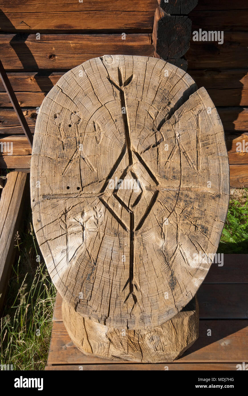 Wooden sculpture in Homestead Open-Air Museum, Jukkasjarvi, Norrbotten County, Sweden Stock Photo