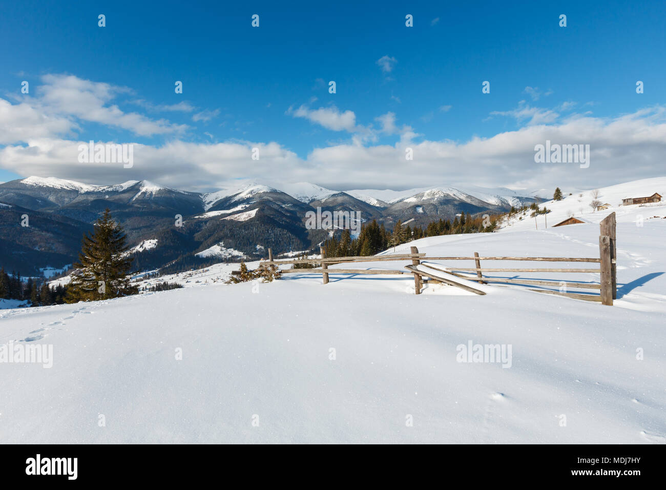 Winter morning picturesque mountain rural snow covered landscape (Ukraine, Carpathian Mountains, tranquility peaceful Dzembronya village outskirts) Stock Photo