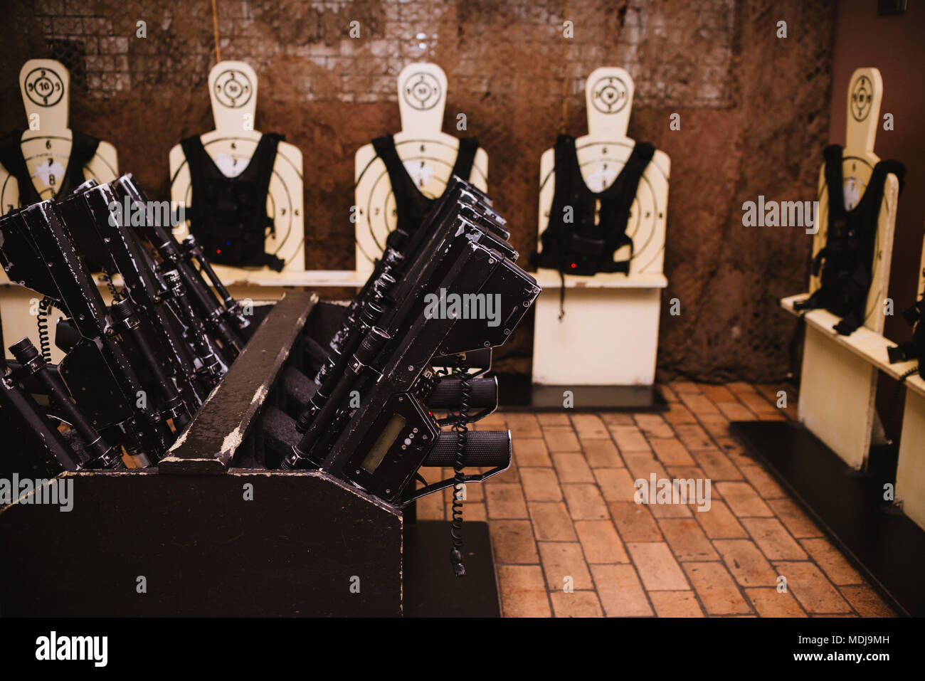 close up on military equipment on laser tag game Stock Photo