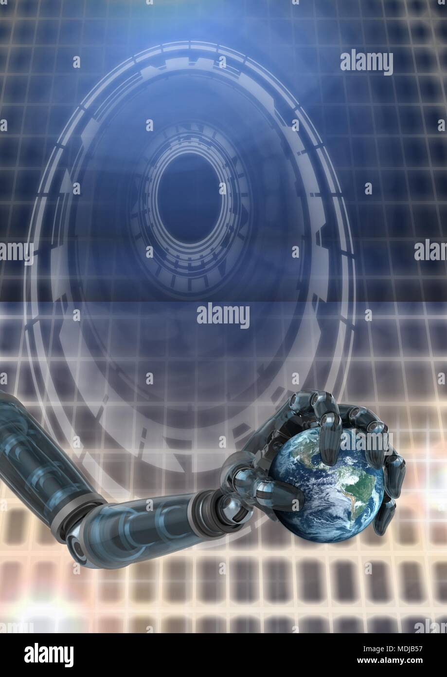 Robotic android hand and holding world earth Glowing circle technology ...