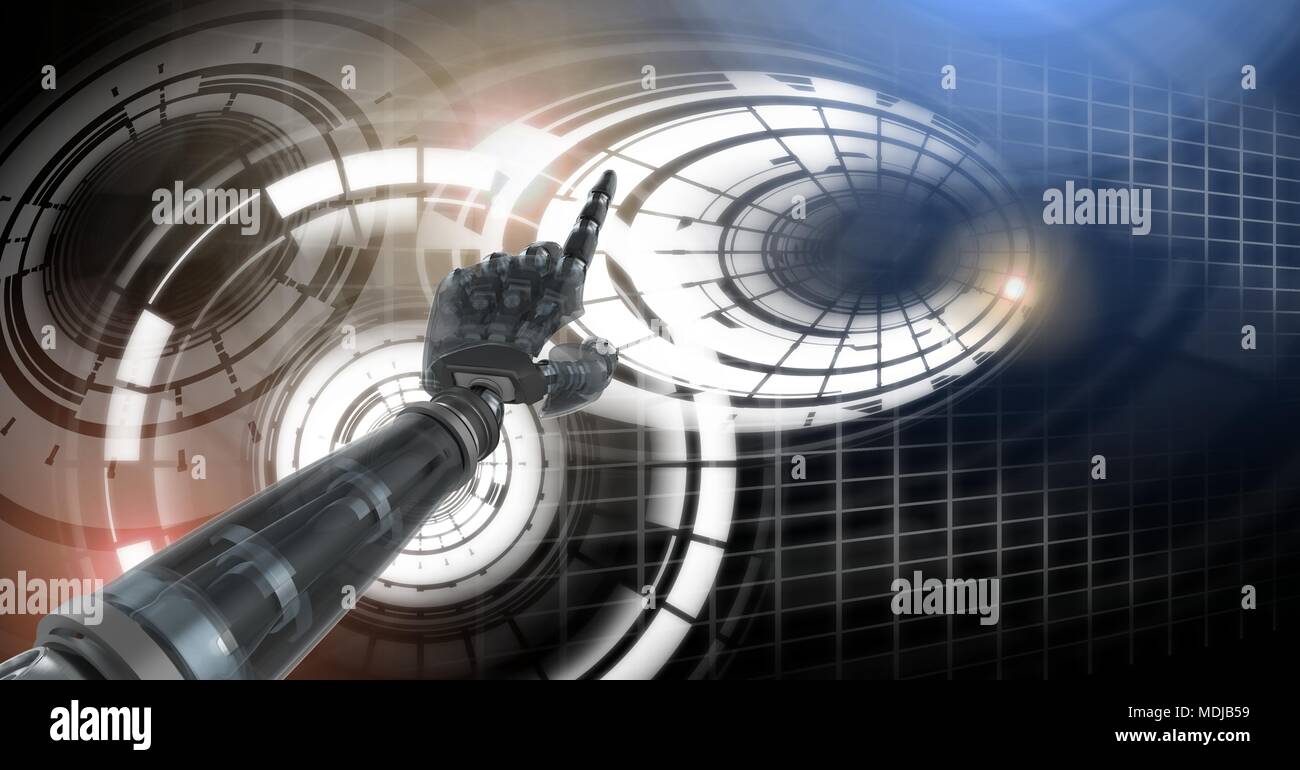 Robot android hand and Glowing circle technology interface Stock Photo