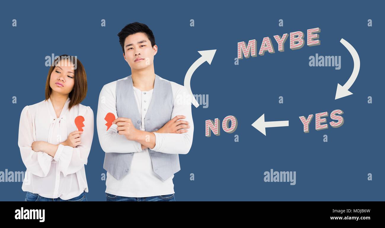 Couple holding broken heart thinking Yes No Maybe text with arrows graphic on wall Stock Photo