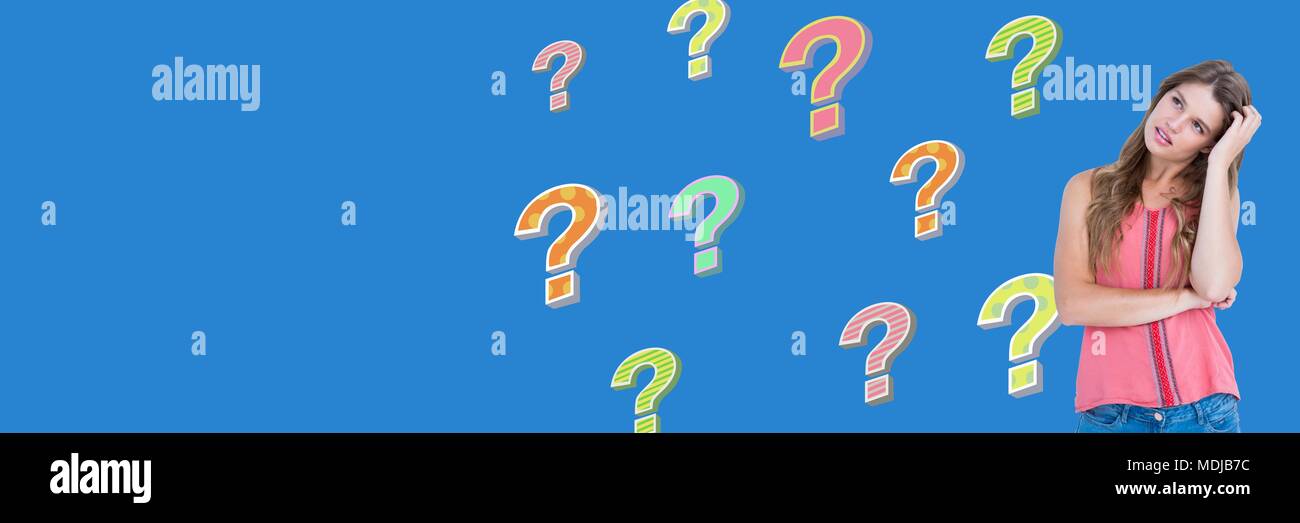 Woman thinking with colorful funky question marks Stock Photo