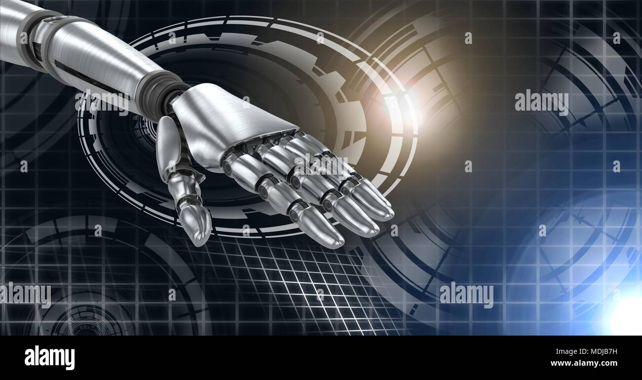 Robotic android hand and Glowing circle technology interface Stock Photo