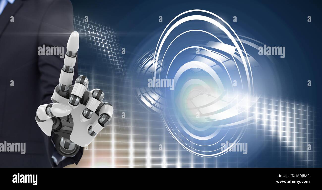 Robotic android hand and Glowing circle technology interface Stock Photo