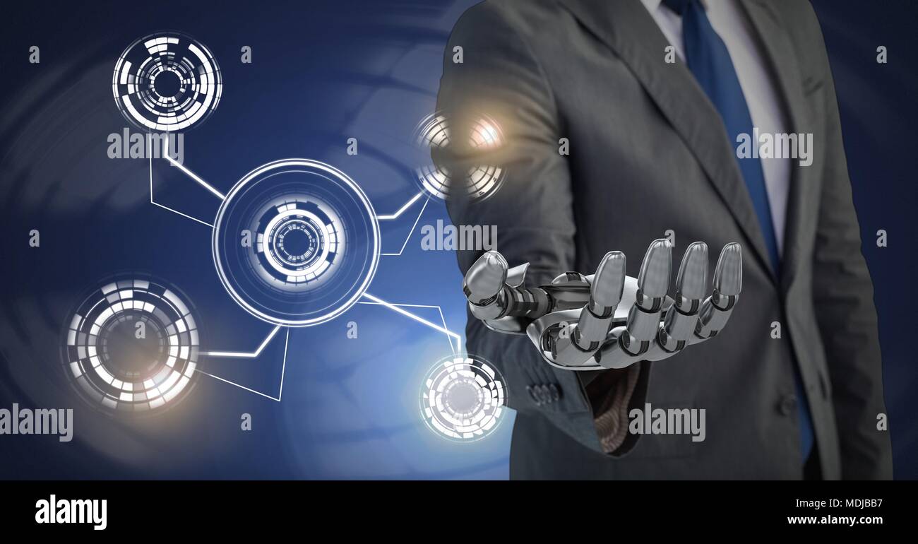 Robotic android hand and Glowing circle technology interface Stock Photo