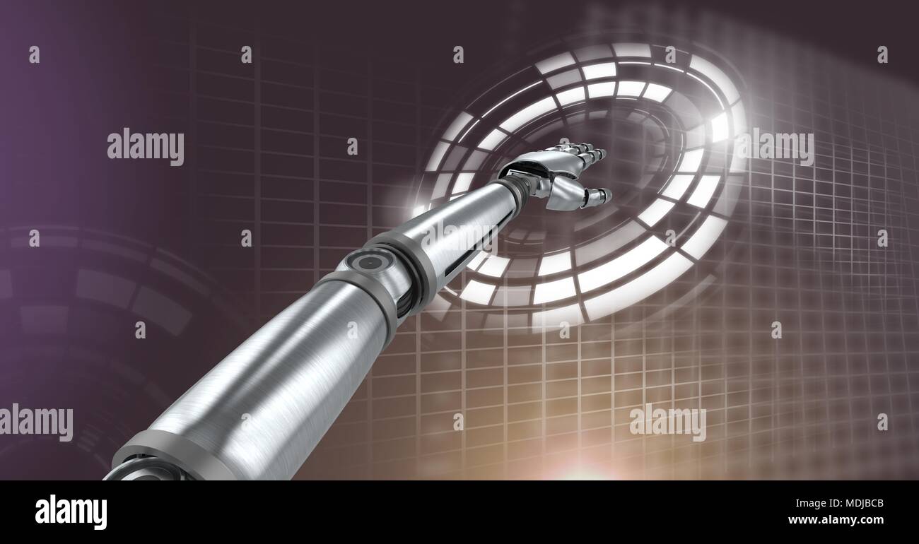 Robotic android hand touching and Glowing circle technology interface Stock Photo