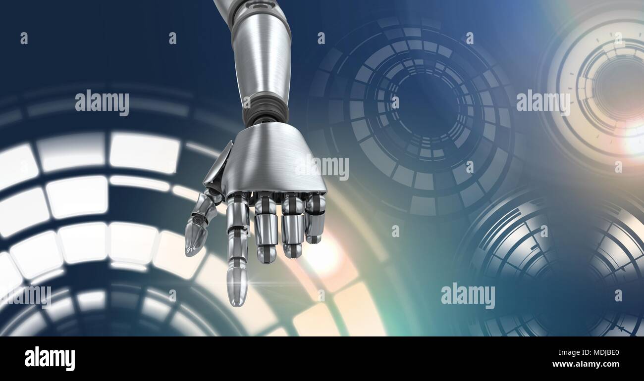 Robotic android hand and Glowing circle technology interface Stock Photo