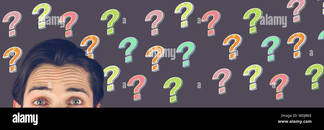 Man thinking with colorful funky question marks Stock Photo