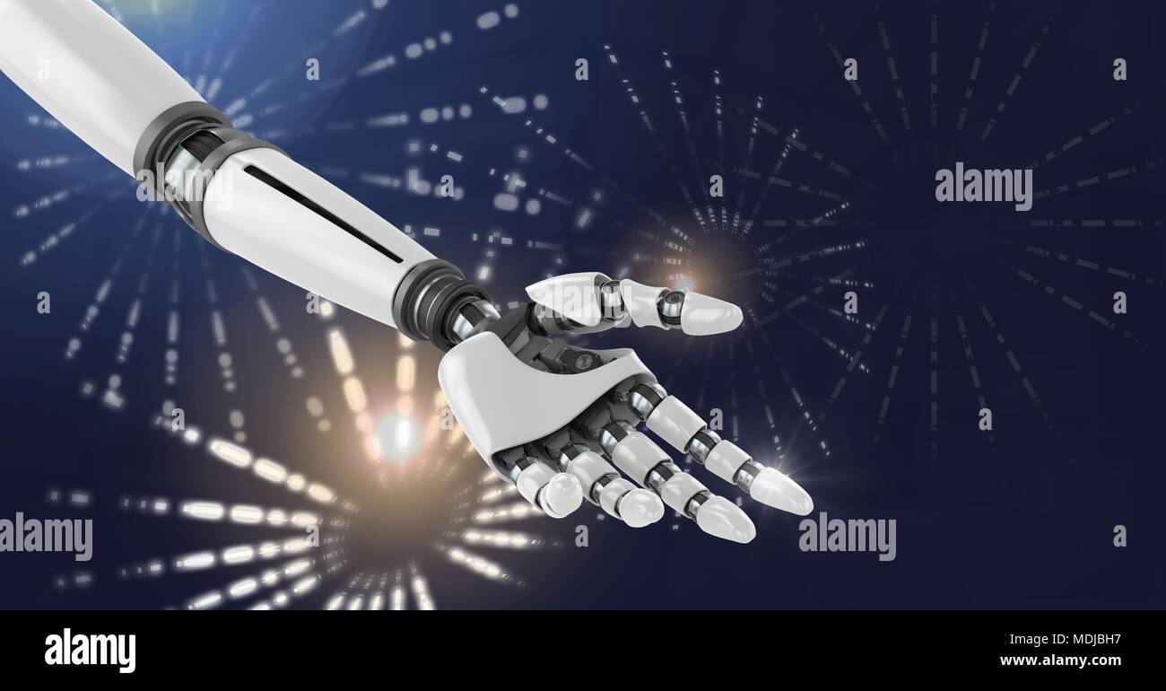 Robot android hand with Glowing firework circle shapes Stock Photo