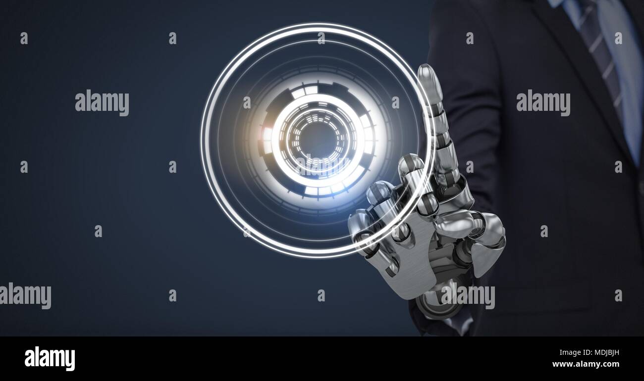 Robotic android hand touching and Glowing circle technology interface Stock Photo