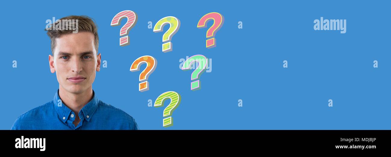 Man with colorful funky question marks emerging from head Stock Photo