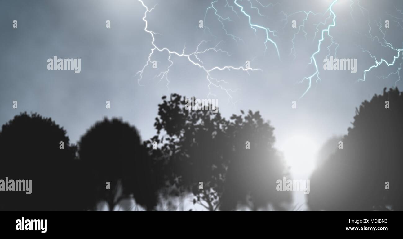 Lightning strikes in sky over trees silhouettes Stock Photo - Alamy