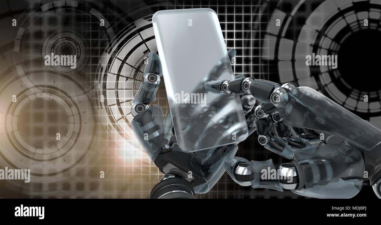 Robotic android hand using phone device and Glowing circle technology interface Stock Photo