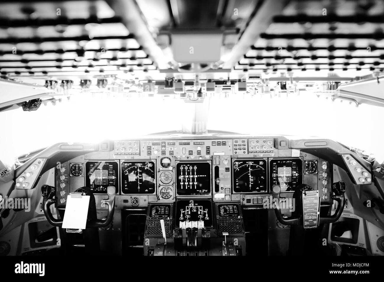 Flight Deck of a Boeing 747-400 in Flight Stock Photo