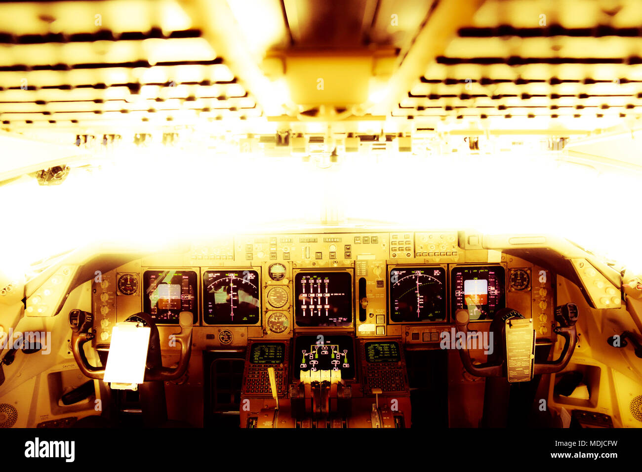 Flight Deck of a Boeing 747-400 in Flight Stock Photo