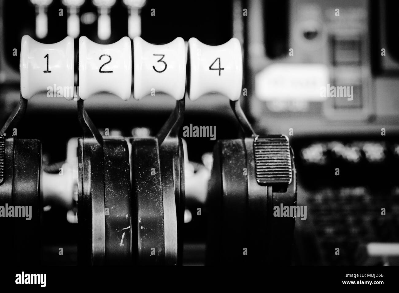 Thrust Levers on the Flight Deck of a Boeing B747-400 Stock Photo