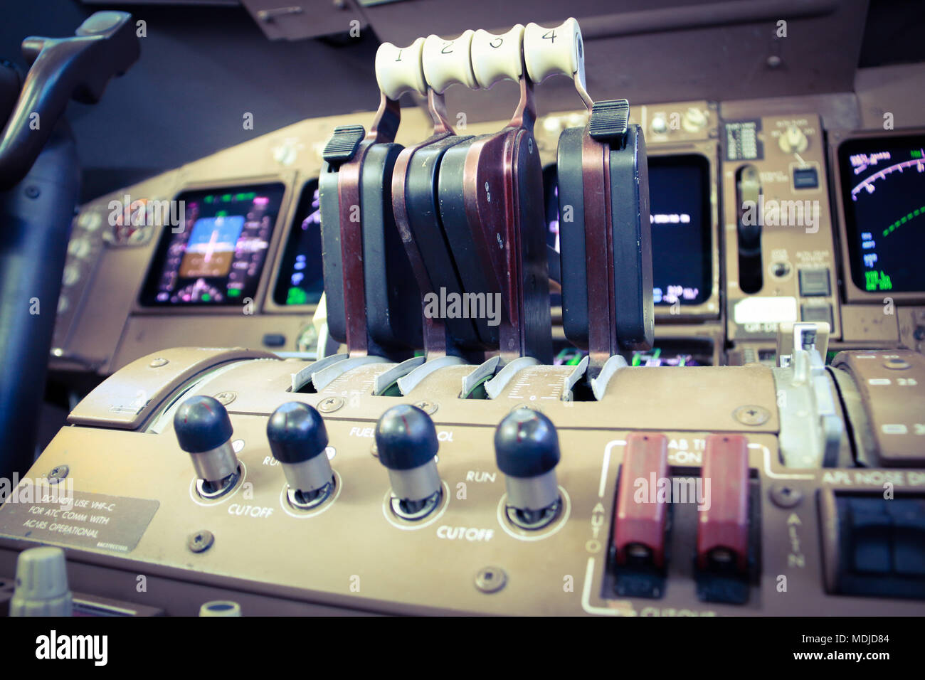 Thrust Levers on the Flight Deck of a Boeing B747-400 Stock Photo