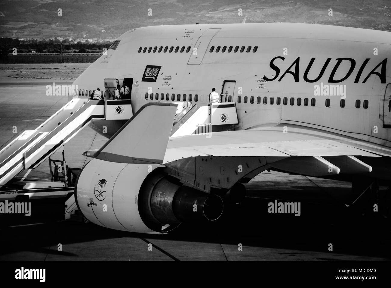 Saudi Boeing 747-400 arriving from a Hajj/Umrah Flight Stock Photo