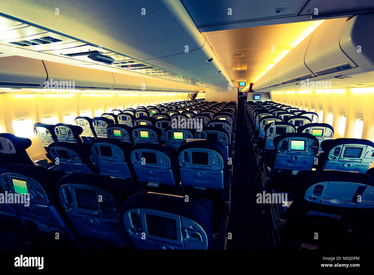 Economy Class of a Boeing 747-400 used for Hajj and Umrah Flights Stock Photo