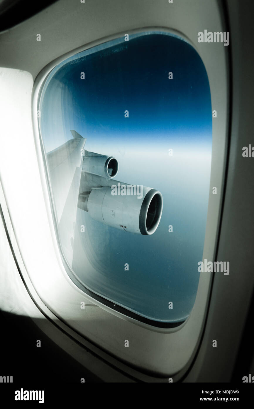 View out of the window on a Boeing 747-400 above the Indian Ocean Stock Photo