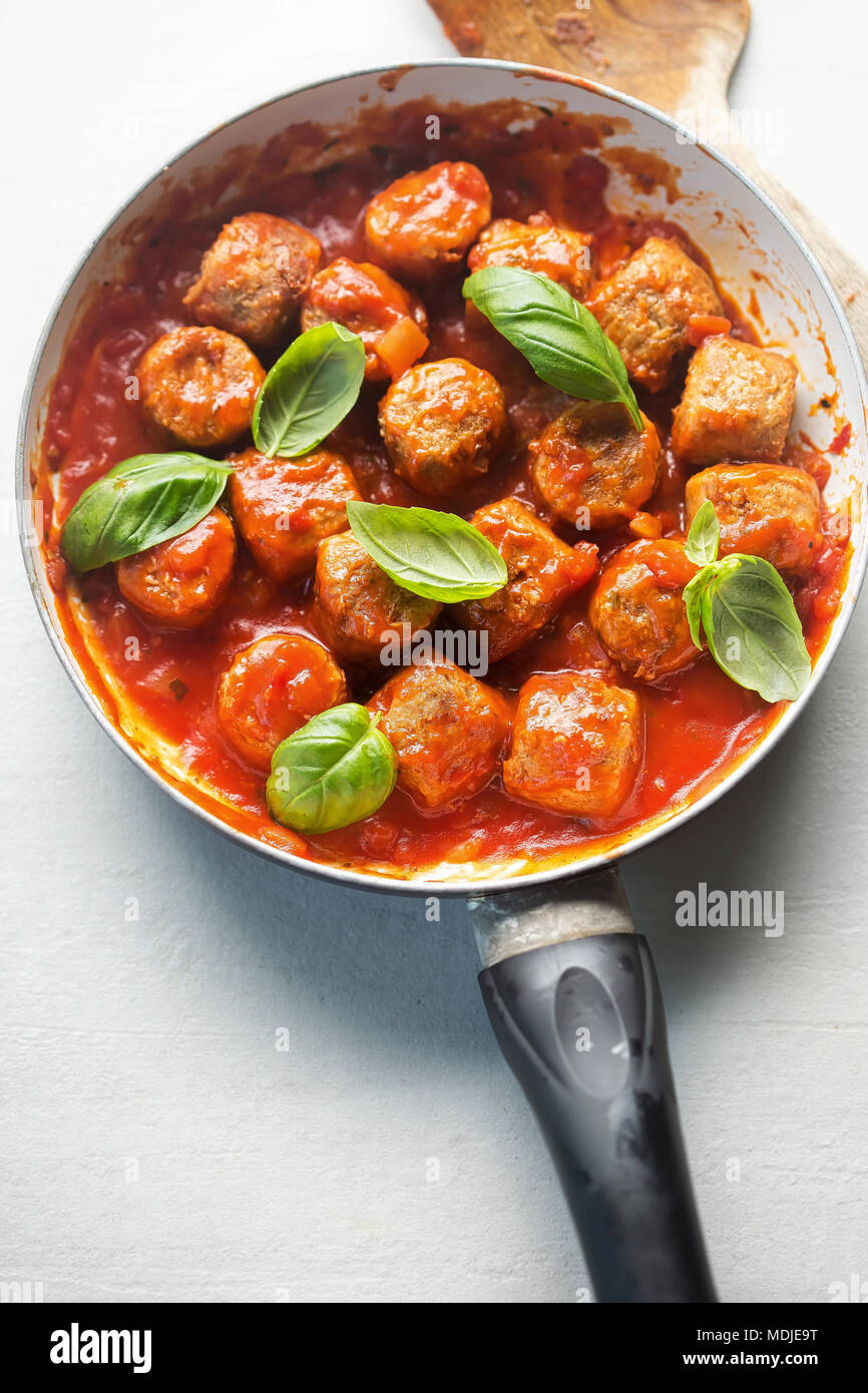 Swedish style meat free savoury flavoured balls, made with mycoprotein in tomato sauce. Stock Photo