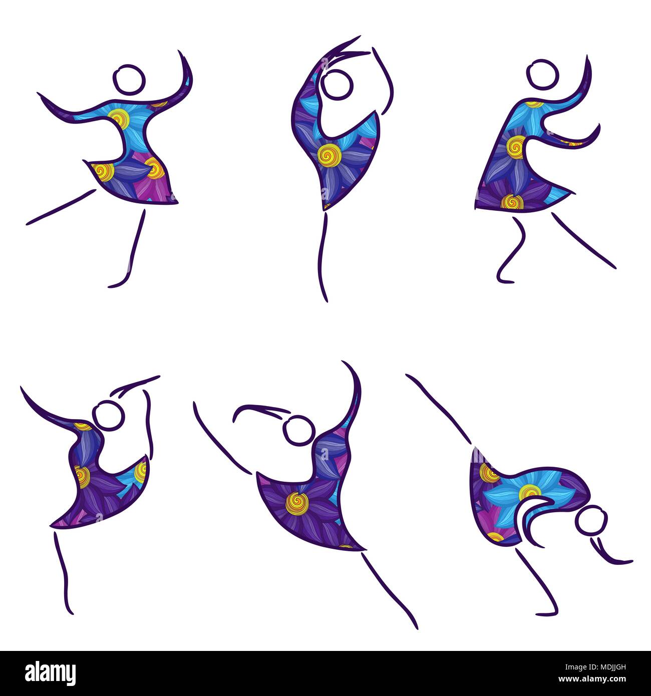 Set of six dancing abstract women in colorful dresses isolated on the