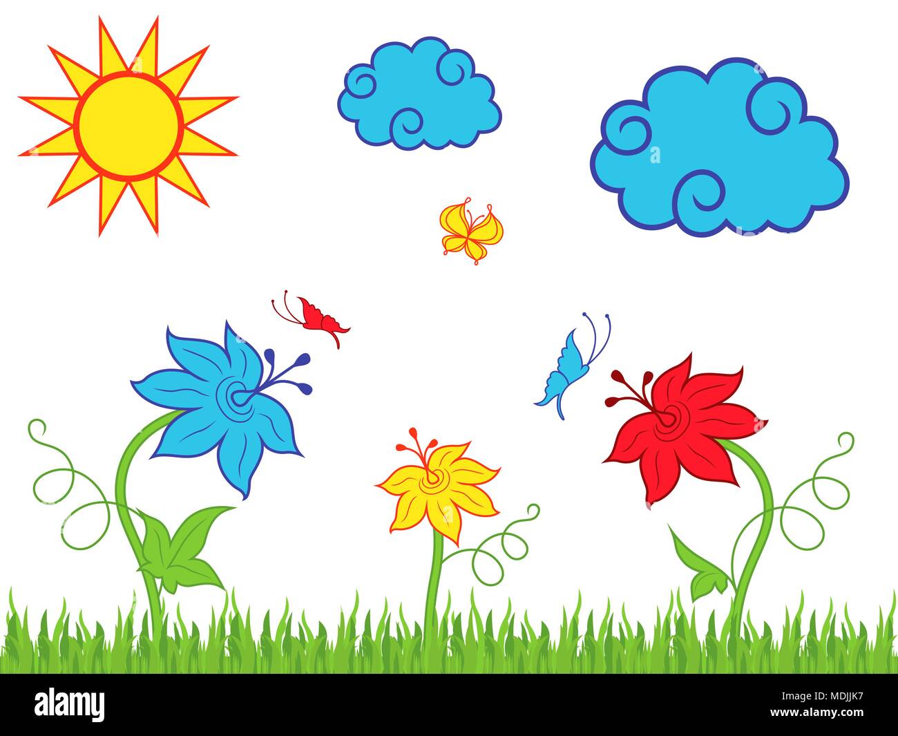 Sun clouds and butterflies over flowering meadow in spring or summer day, cartoon childish vector illustration Stock Vector