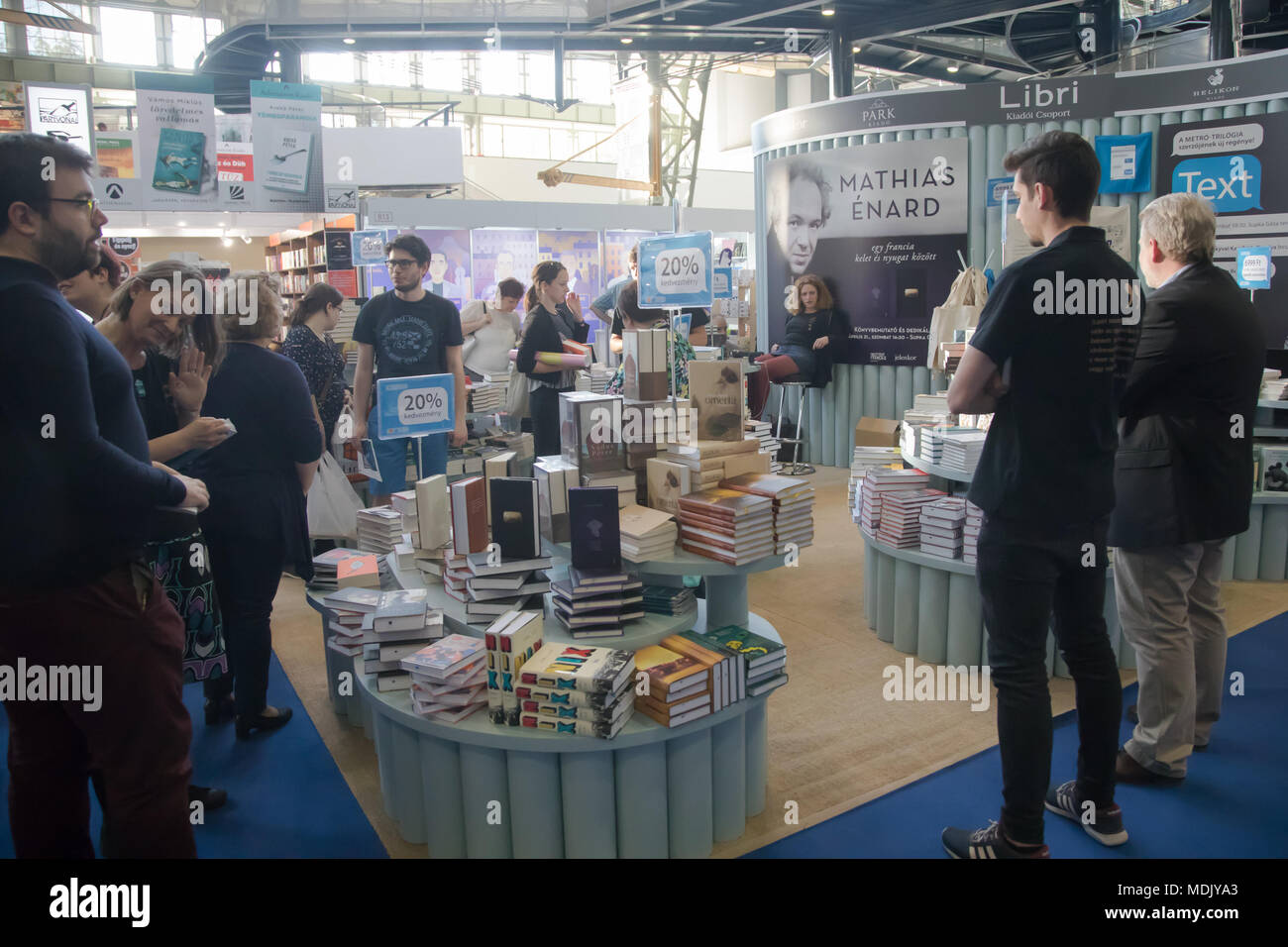 Budapest, Hungary. 19th Apr, 2018. People visit the 25th Budapest International Book Festival in Budapest, Hungary, on April 19, 2018. The 25th Budapest International Book Festival was inaugurated on Thursday with the attribution of the Budapest Grand Prize to German-Austrian writer Daniel Kehlmann. Credit: Attila Volgyi/Xinhua/Alamy Live News Stock Photo