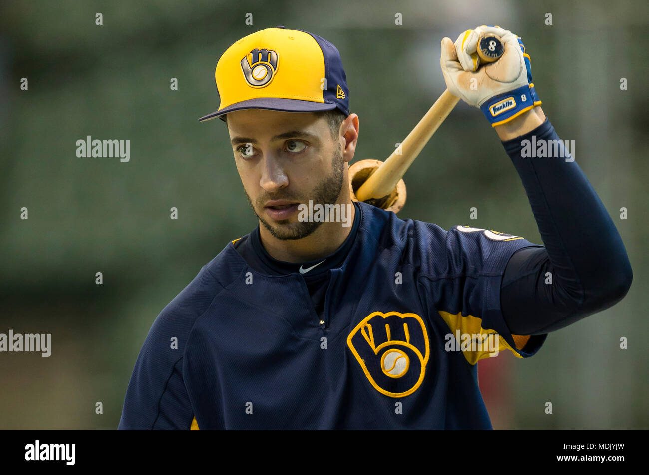 Milwaukee, WI, USA. 19th Apr, 2018. Milwaukee Brewers left fielder Ryan  Braun #8 takes batting practice prior to the Major League Baseball game  between the Milwaukee Brewers and the Miami Marlins at