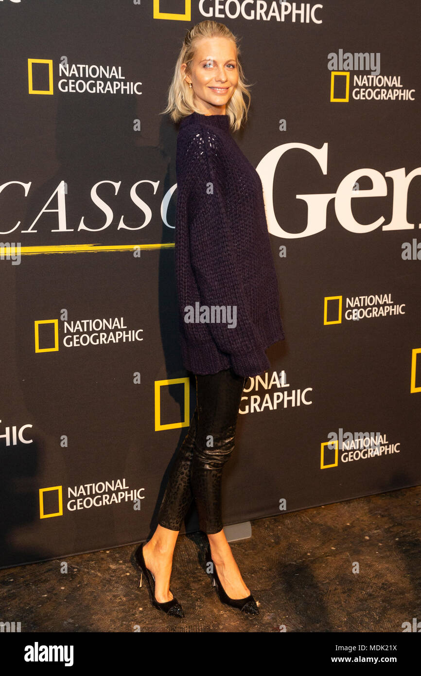 New York, USA. April 19, 2018: Poppy Delevingne wearing top by RNA, pants  by Ellie Mae & shoes by Manolo Blahnik attends National Geographic unveils  installation Genius: Picasso Studio on 100 6th
