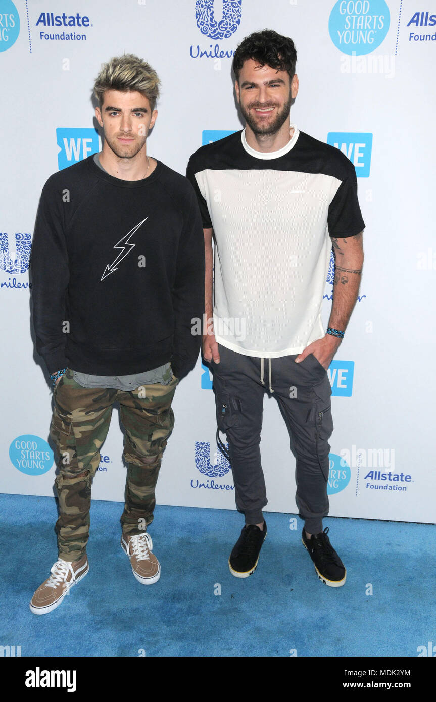 Los Angeles, California, USA. 19th Apr, 2018. April 19th 2018 - Los  Angeles, California USA - Artisits THE CHAINSMOKERS: ALEX PALL, ANDREW  TAGGART at the ''We Day California Young People Chaning The