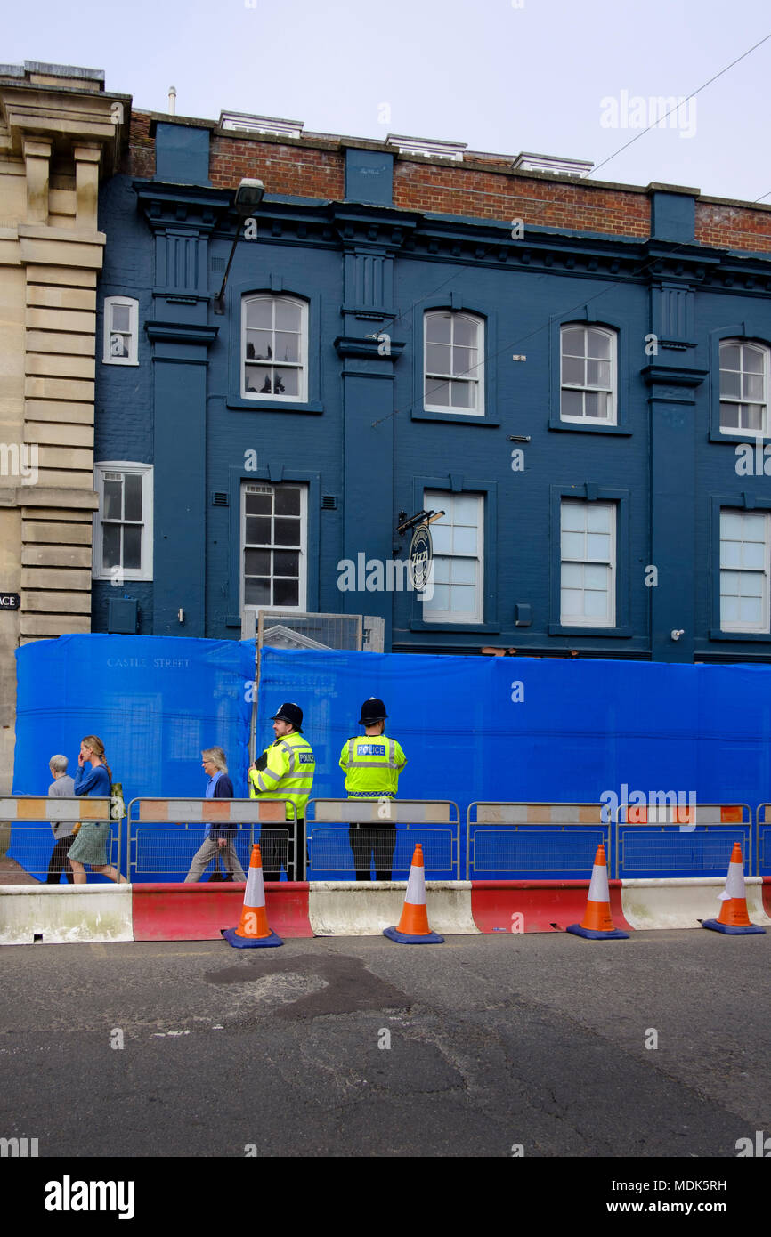 Salisbury 20th April 2018 New, more permanent, barriers are to be put up around the cordons in Salisbury city centre, as the decontamination process steps up after the novichok nerve agent  poisoning of the spy  Sergei Skripal his daughter Yulia Credit Paul Chambers Alamy Live News Stock Photo