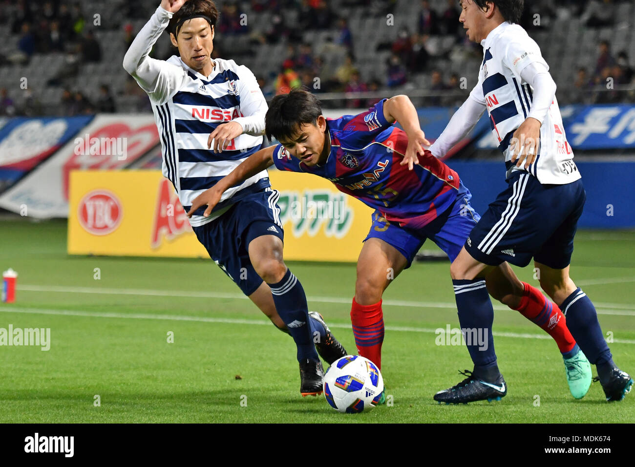 L R Yuki Otsu F Marinos Takefusa Kubo Fc Tokyo Takumi Shimohira F Marinos April 18 18 Football Soccer 18 J League Ybc Levain Cup Group A Match Between F C Tokyo 2 2