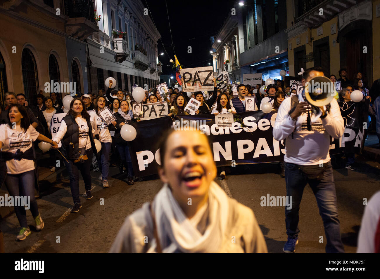 19 April 2018, Ecuador, Quito: Numerous people have gathered to protest the kidnapping and murder of two journalists working for the newspaper 'El Comercio' and their driver on the border region between Ecuador and Colombia. Photo: Santiago Serrano/dpa Stock Photo