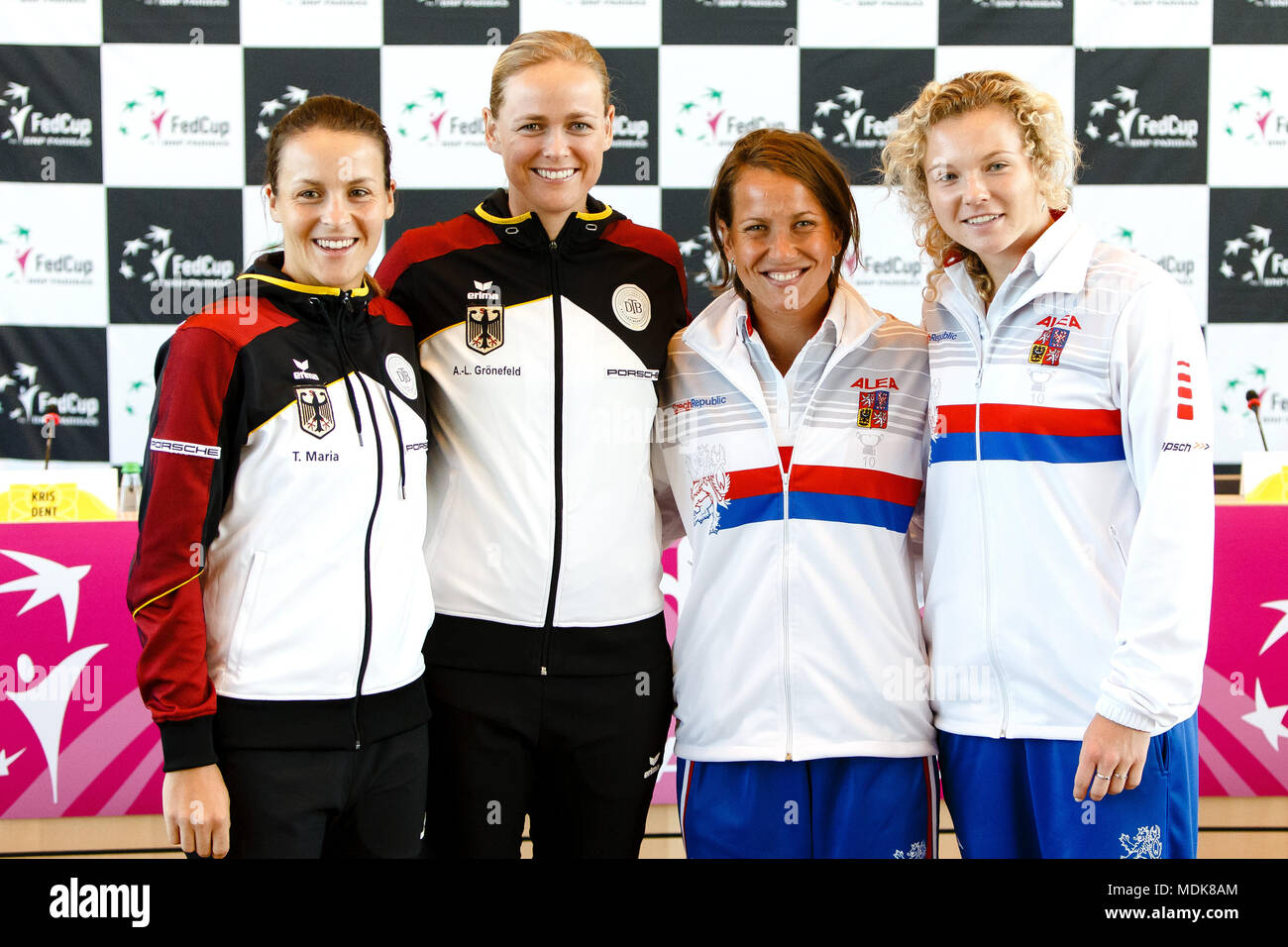 Stuttgart, Germany, 20th April, 2018. German tennis player Tatjana Maria and Anna-Lena Groenefeld with czech players Barbora Strycova  and Katerina Siniakova during the draw ceremony before the Fed Cup Semifinals. Credit: Frank Molter/Alamy Live News Stock Photo