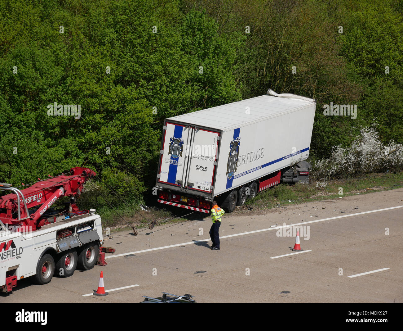 M20 J8-9 Coastbound, Kent, UK. 20 April, 2018. Two HGV's involved in a road traffic collision on the M20 in Kent Credit: Flyby Photography- www.flybyphotography.co.uk/Alamy Live News Stock Photo