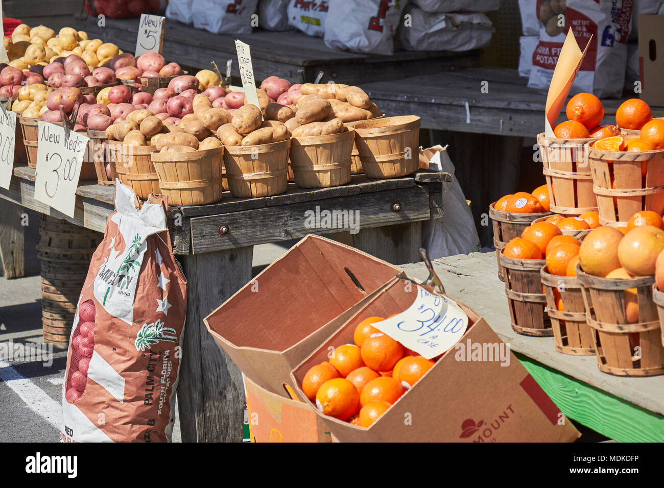 Potatoes and citrus on sale at the Green Dragon Market in Amish Country, Ephrata, Lancaster County, Pennsylvania, USA Stock Photo