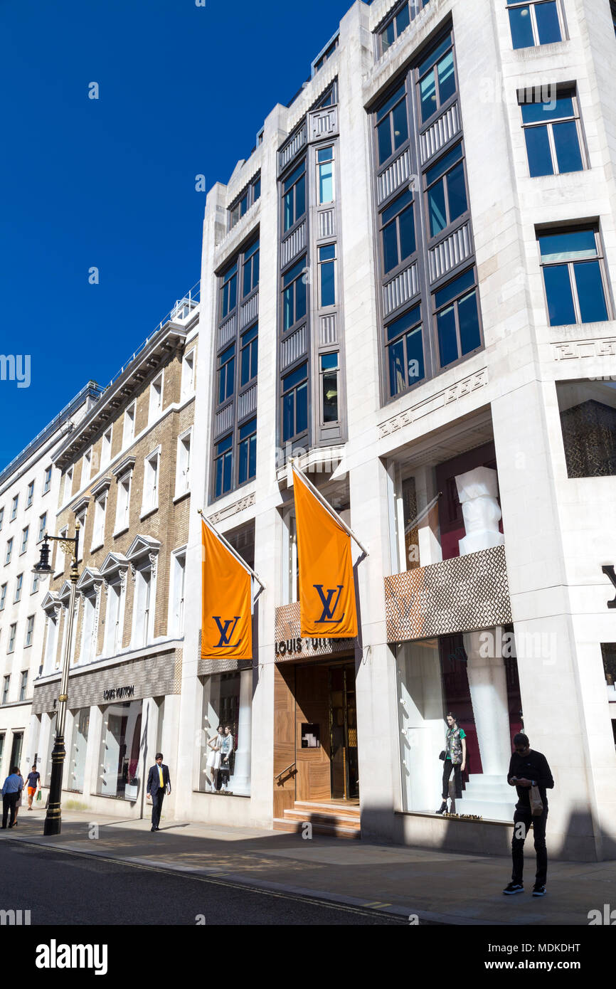 Louis Vuitton facade of Mayfair branch store on New Bond Street, London, UK Stock Photo